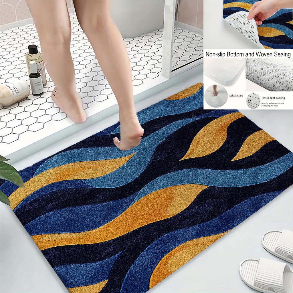 Deep Blue & Yellow Wave Bath Mat – Non-Slip, Quick-Dry Rug for Bathroom, Kitchen & Entryway, Ideal Housewarming Gift