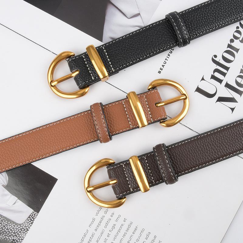 Lychee Pattern Head Layer Cowhide Genuine Leather Women's Belt Versatile Retro Belt with Jeans Casual Trousers Women