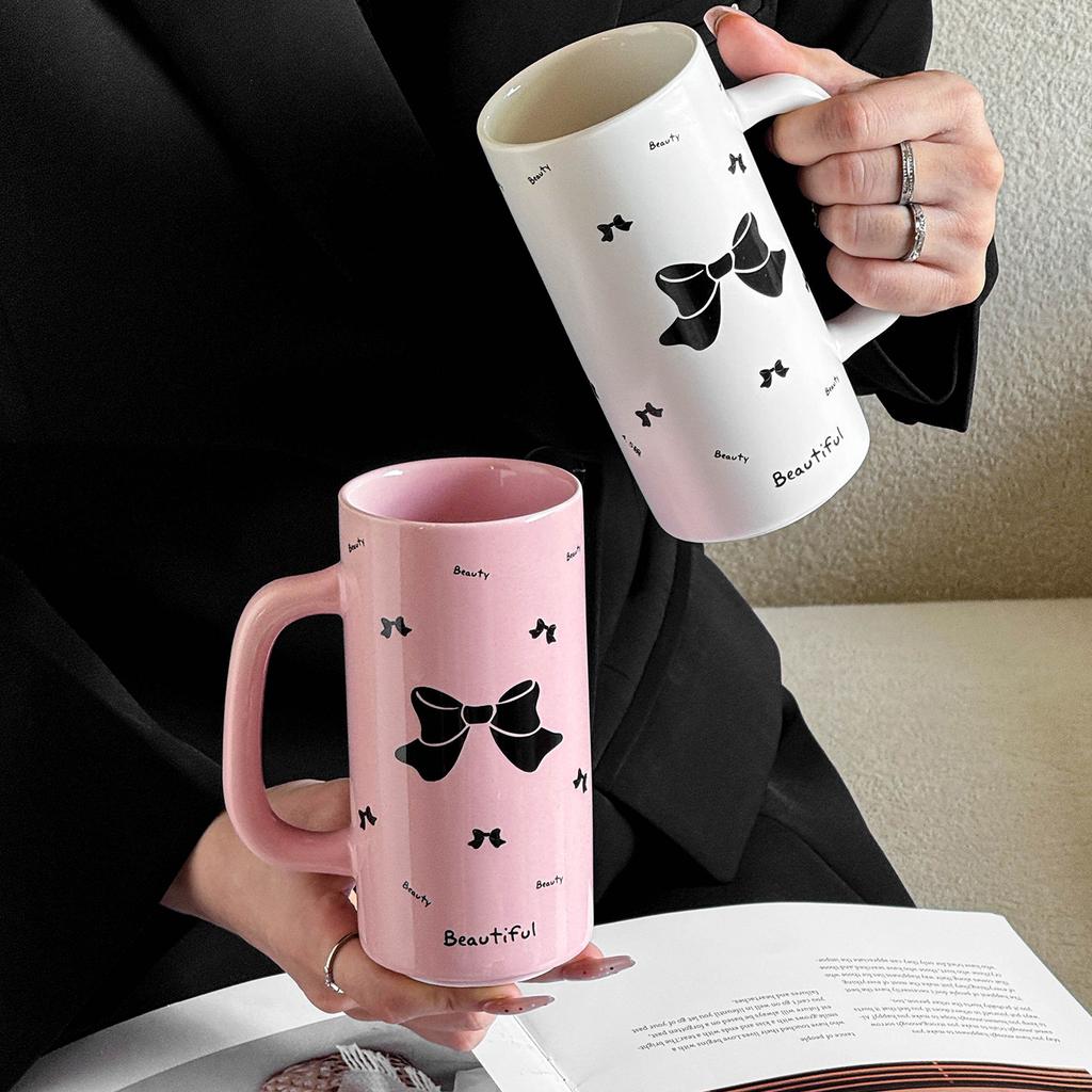 Bow Ceramic Straight Cup Office Gift Gift Cup for Best Friend with High Appearance Cup for Girls Household Water Cup