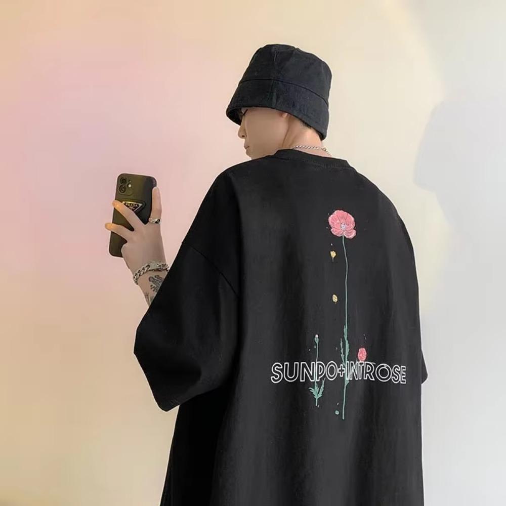 Pokročilý design Potisk růží 100% bavlna Pánské tričko Krátký rukáv Kulatý výstřih Ležérní tričko Volné Nadměrné Dámské topy