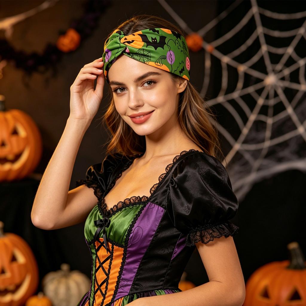 Halloween Print Wide Knotted Headband for Women and Girls Soft Stretchy Fabric Head Wrap with Festive Patterns