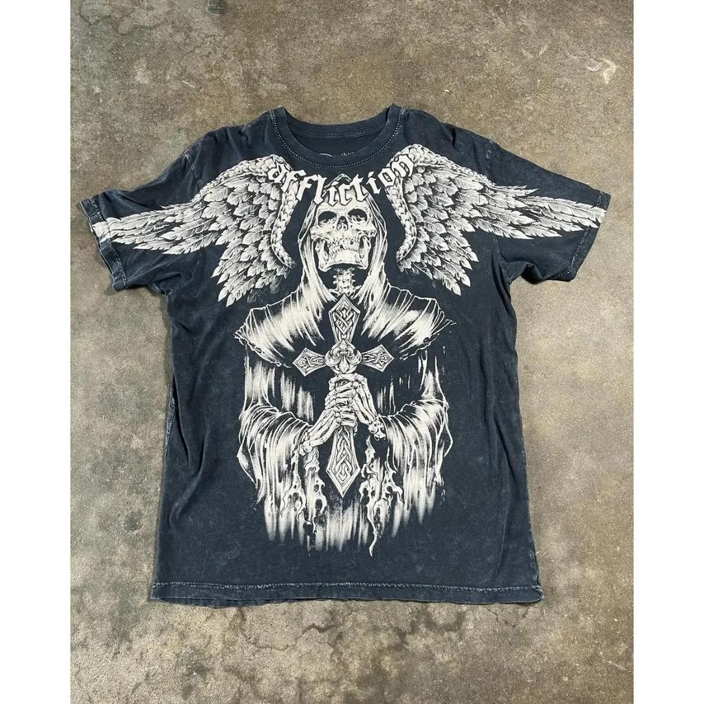 ZYLLO Retro Punk Hip Hop Graphic Print Oversized T Shirt Mens New Round Neck Short Sleeve Tops