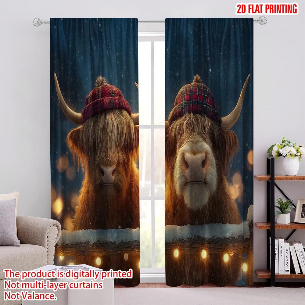 

2pcs 2D flat printing St Patrick s Day Curtains Highland cattle in the snow Polyester Without Electricity Birthday Party for 100*130 HOOK 1pcs