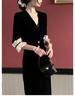 Hepburn-Style Black Velvet Lace Trim Dress for Women