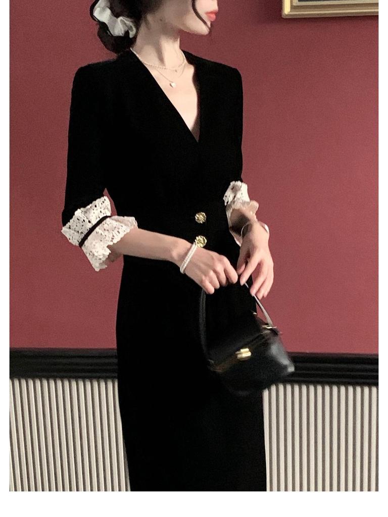 Hepburn-Style Black Velvet Lace Trim Dress for Women