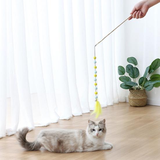 Cat Wand Colorful Feather Plush Balls Bite-Resistant Long Pole Comfortable To Grip Entertaining