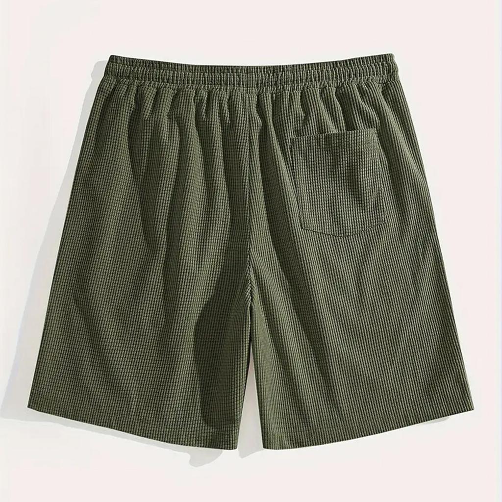 Men Knit Shorts Elastic Waistband Drawstring Adjustable Fit Relaxed Fit Patchwork Breathable Material