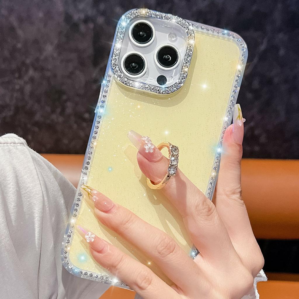 For iPhone 15 Pro Case with Ring Kickstand Rhinestone Edge TPU+PC IMD Phone Cover