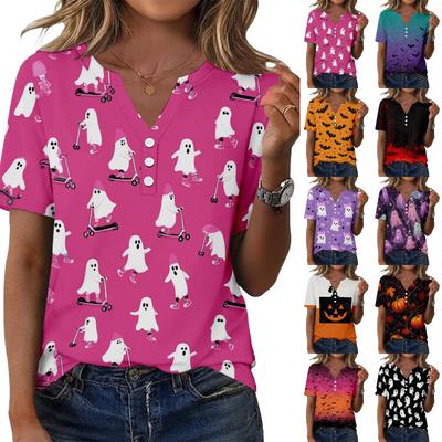 Women V Neck Short Sleeve Button Decor Top with Halloween Print Casual Loose Fit T Shirt for Daily Wear
