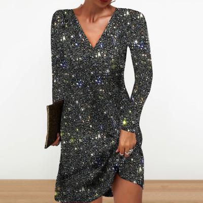 Abito da donna con scollo a V a maniche lunghe con paillettes lucide, linea a trapezio ampia, pullover morbido e traspirante, elastico sopra il ginocchio, mini abito da party club
