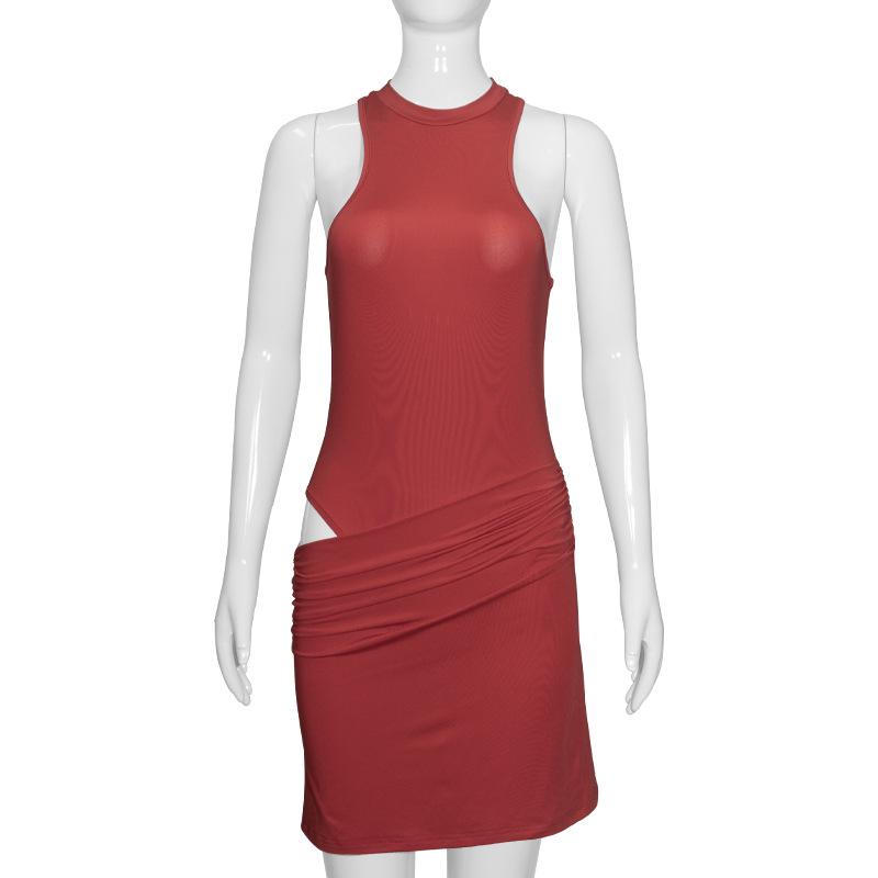 D189DS Chic Off-Shoulder Sleeveless Slim Fit Dress with Round Neckline.