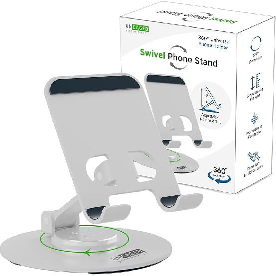 Uncaged Ergonomics 360° Swivel Rotating Adjustable Phone Stand for Desk, Portable & Foldable Cell Phone Stand for Desk, Compact Mobile Stand for серебряный