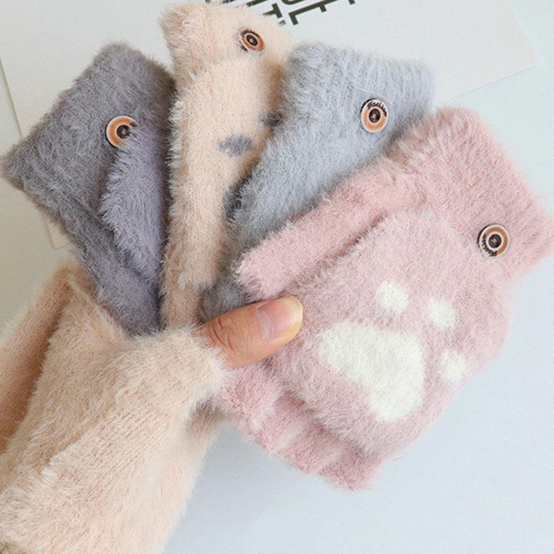 New Kawaii Women Warm Cat Gloves Fashion Girls Cat Claw Paw Plush Mittens Soft Plush Short Fingerless Half Finger Winter Gloves