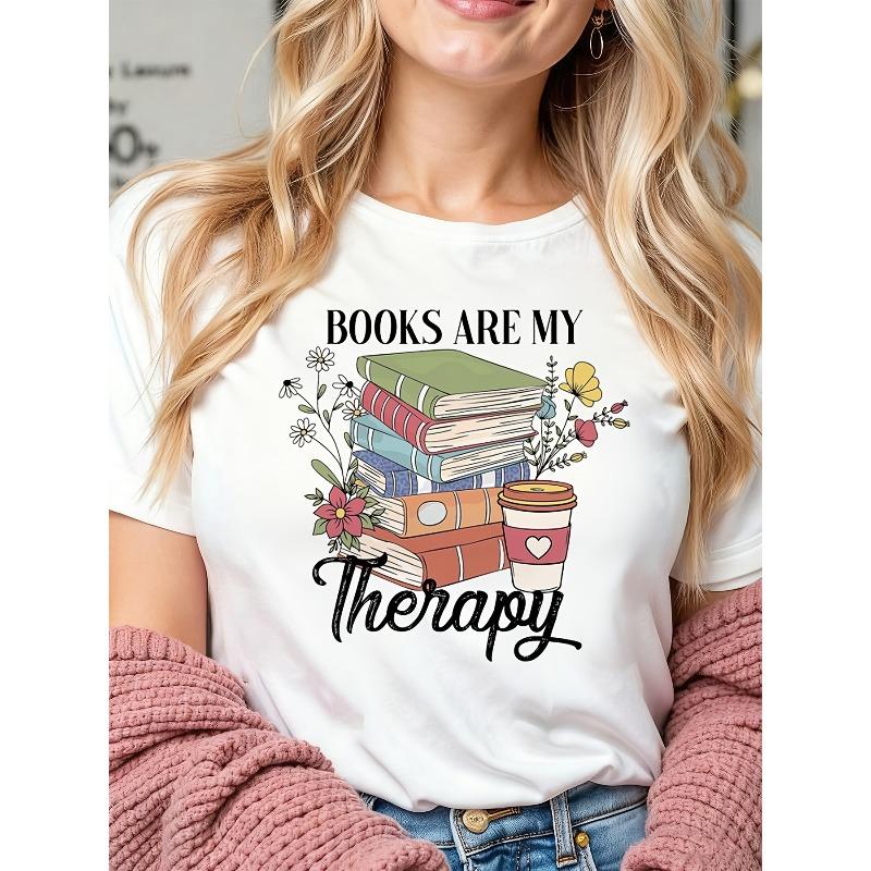 Books Are My Therapy Floral T-Shirt Retro Boho Bookish Print Men Women Summer Short Sleeve Librarian Teacher Gift Top
