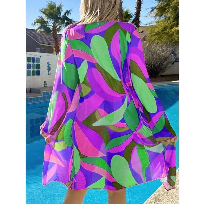 Women's 3 Piece Swimsuit Rainbow Geometric Print High Waist  Beach Cover Up