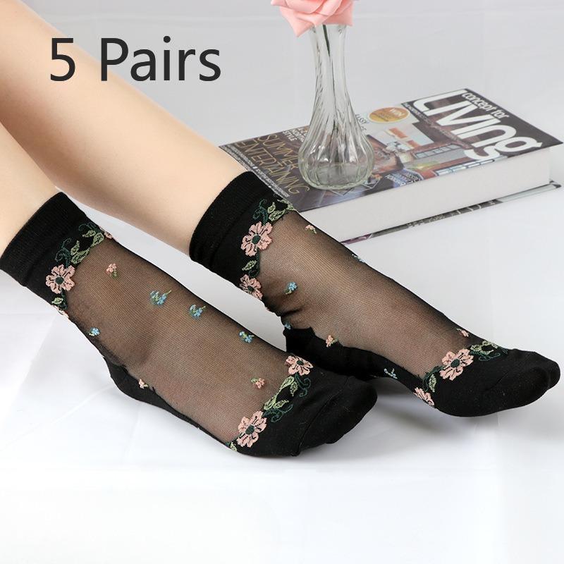 

5 Pairs of Women s Spring and Summer Pure Color Flowers Sexy Thin Anti Hook Silk Transparent Cotton Bottom Mid Tube Socks 5 Pairs