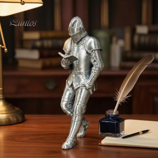 Relaxed Posture Knight for Collection Medieval Bookshelf Decor, Silver-Finished Armored Statue, Fantasy Home Bookend Library Office Desktop Ornament,