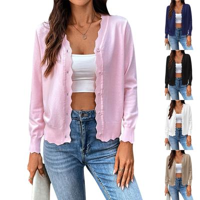 Damenmode Einfarbig V-Ausschnitt Langarm Knopf Kurzer Strick-Cardigan Mantel