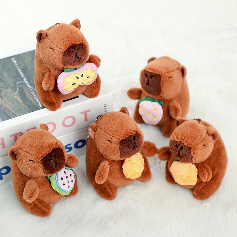 12Cm Cute Plush Capybara Holding Fruit Quick Pull Keychain Toy Cartoon Capybara Fluffty Animal Doll Plush Pendant Accessories