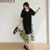 MODIQUE Summer Plus Size Women Loose Casual A-Line Patchwork Dot Print Silk Hemline Long Dresses Female Versatile Oversize Short Sleeve V-Neck Dresses