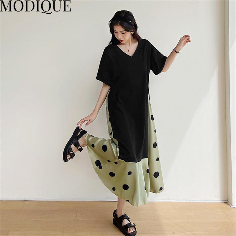 MODIQUE Summer Plus Size Women Loose Casual A-Line Patchwork Dot Print Silk Hemline Long Dresses Female Versatile Oversize Short Sleeve V-Neck Dresses