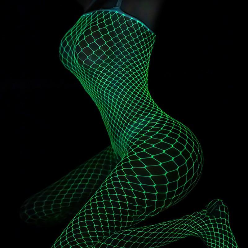 18+ Nachtlicht Erotische Langarm-Wickelnetz-Kleidung Sexy hohle Nachtlicht-Einteilige Socken Offener Schritt Große Netzsocken Fischernetzsocken