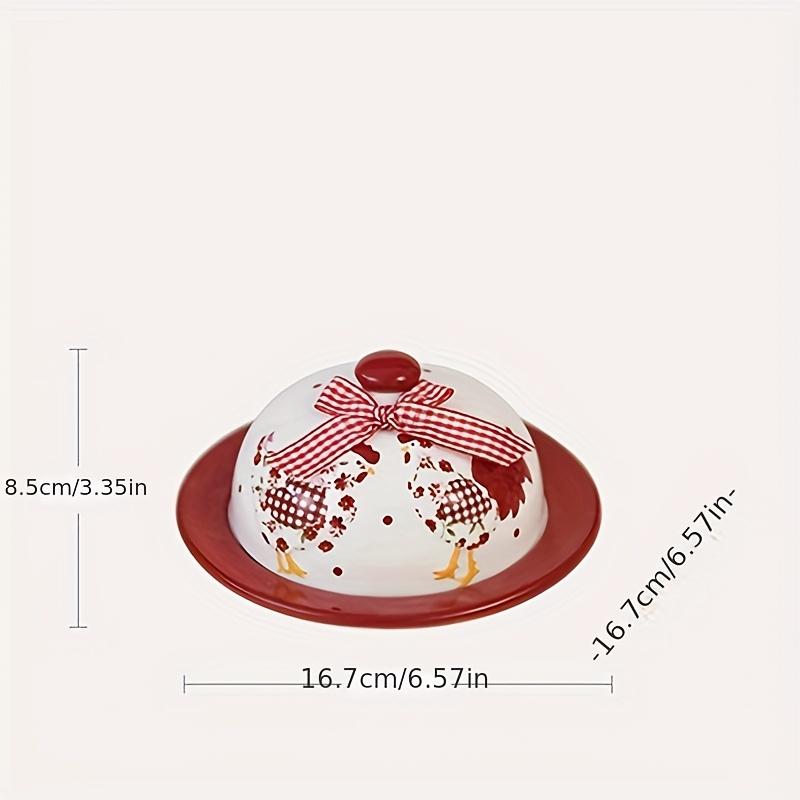 Rustic Red Floral Chicken Ceramic Butter Dish, Farmhouse Style Dessert Plate, Easter Tableware, Food-Safe Decorative Snack Bowl