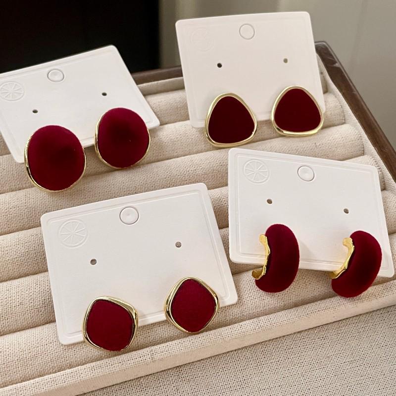 Red Velvet Retro Hong Kong Style Stud Earrings for Women - Autumn/Winter 2025 High-End Niche Ear Accessories.