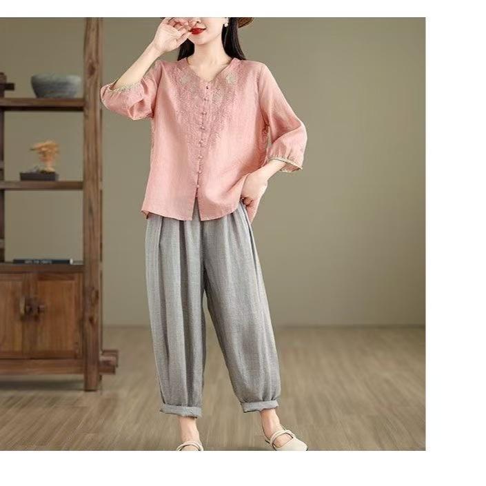 Vintage Hemden Sommer Stickerei Blumenbluse Damen Lässig 3/4 Ärmel Arbeit Blusen Locker Hemd Knöpfe Oberteile