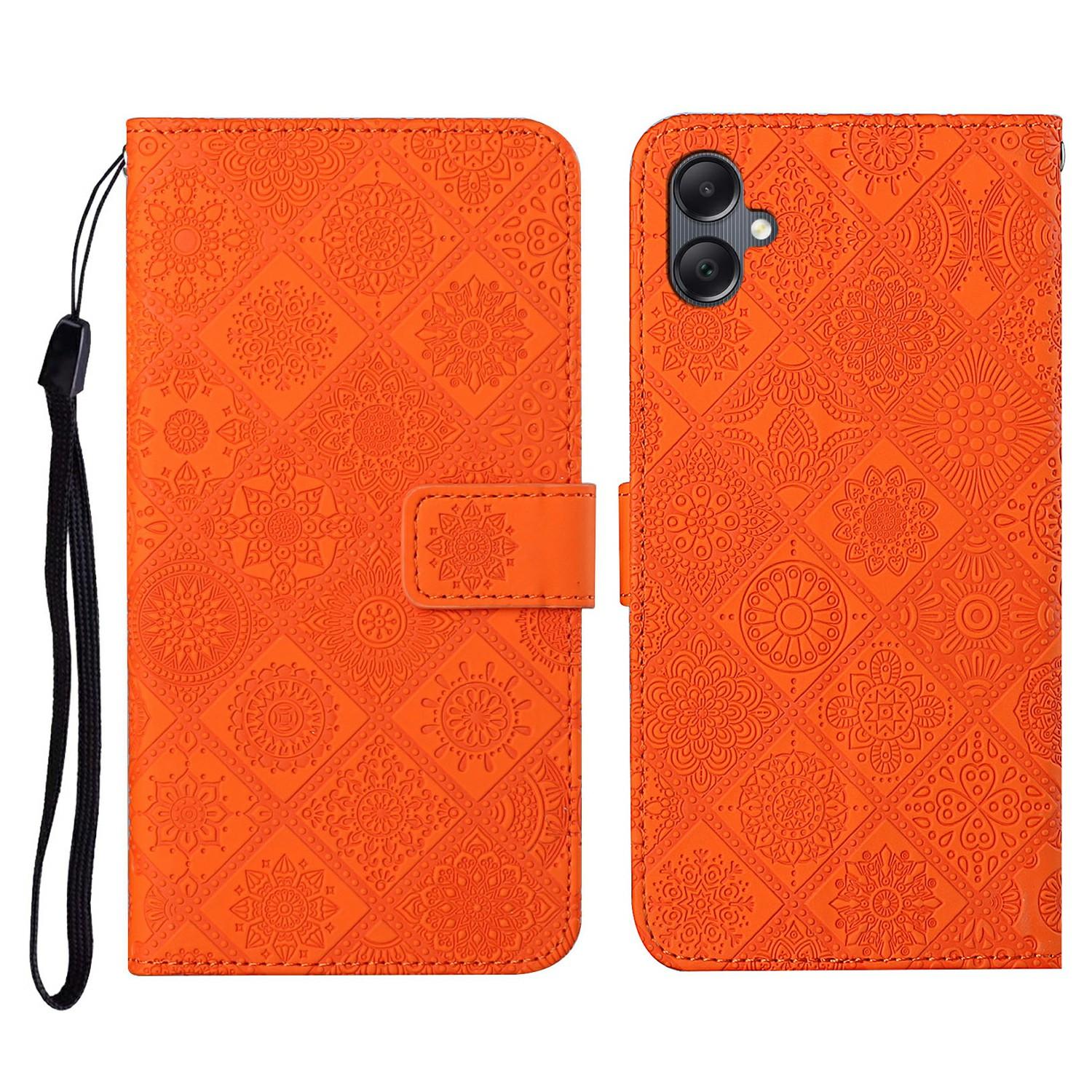 

For Samsung Galaxy A06 4G Leather Case Ethnic Style Phone Wallet Cover with Strap Orange