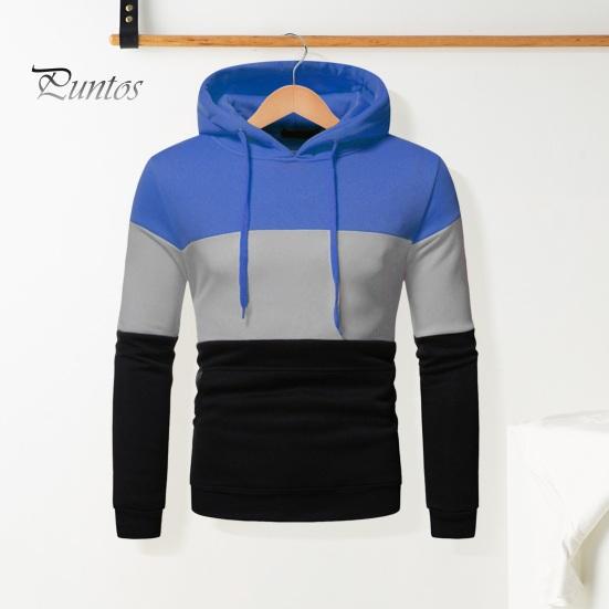 Men Fall Winter Hoodie Colorblock Drawstring Long Sleeves Big Pocket Hooded Retro Thin Loose School Daily Wear Casual Sport Top