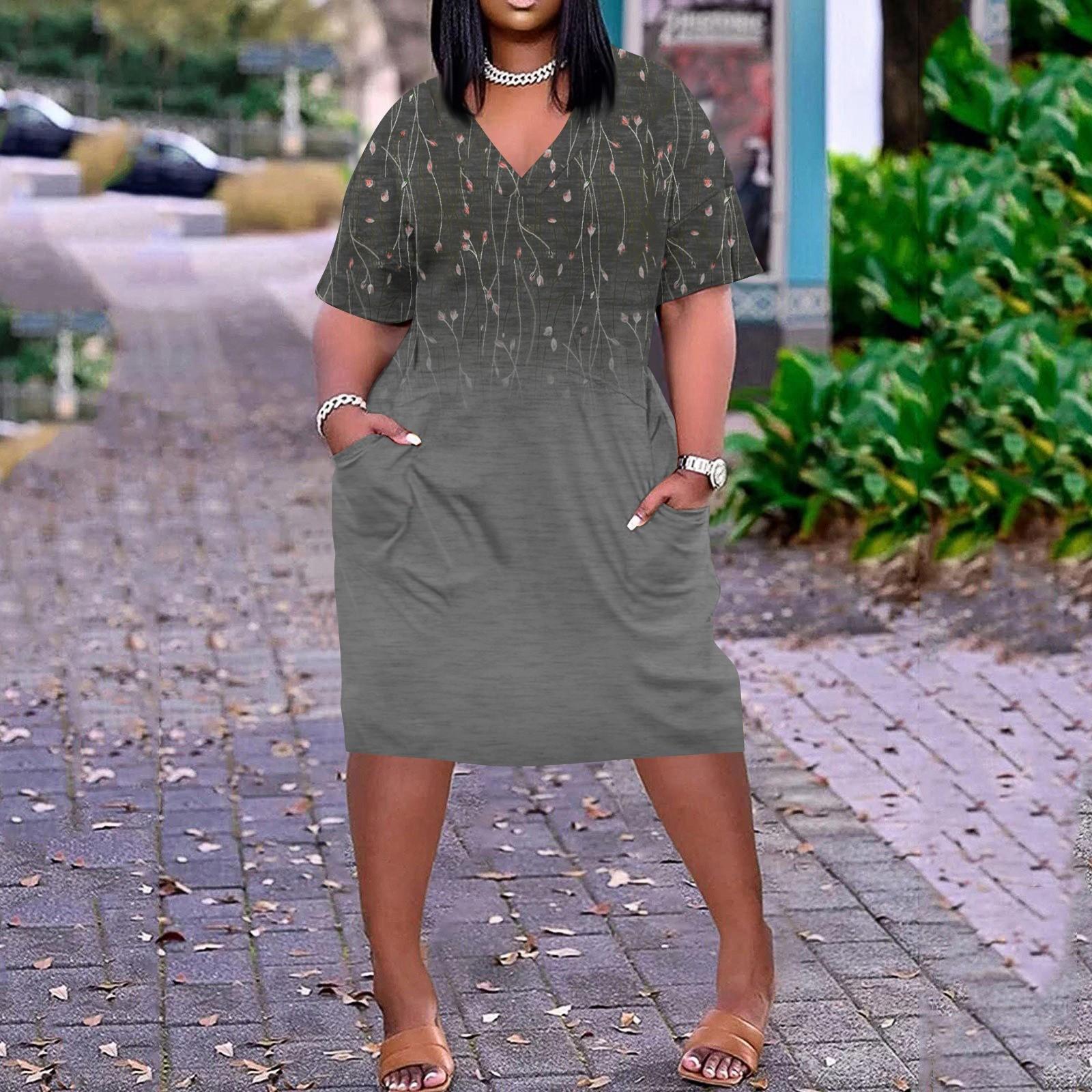 

Лето плюс размер V-образным вырезом с короткими рукавами и карманами до колена с принтами повседневное платье для женщин XXXL серый