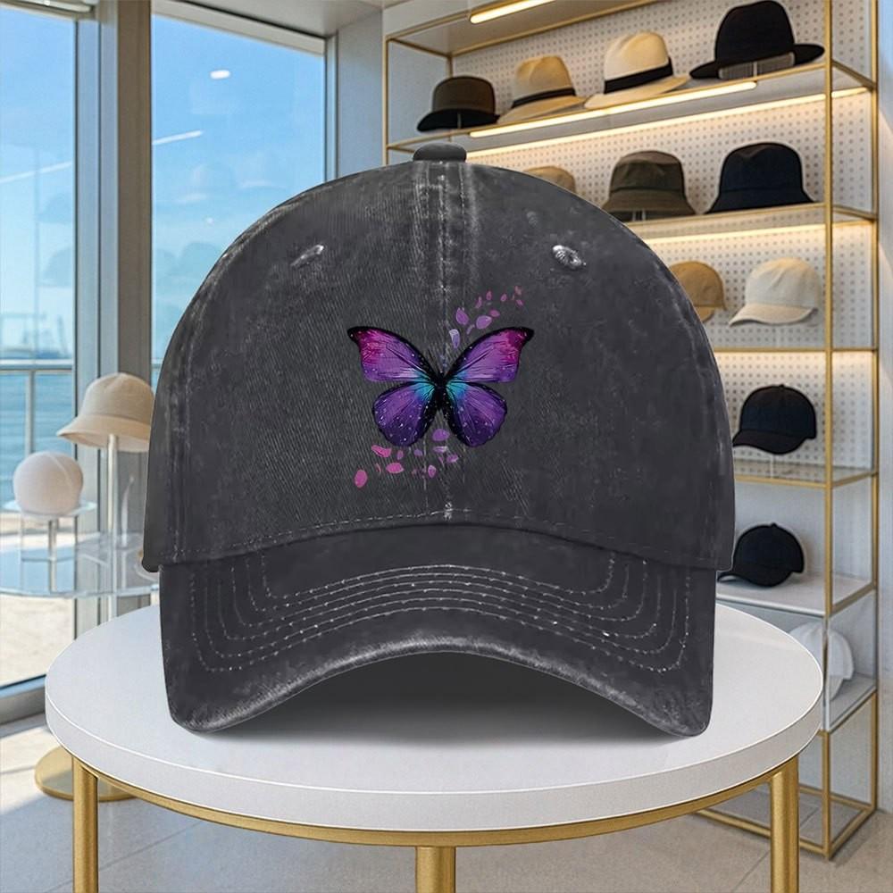 Butterfly Print Washed Baseball Cap Unisex Vintage Adjustable Denim Hat Casual Sports Snapback