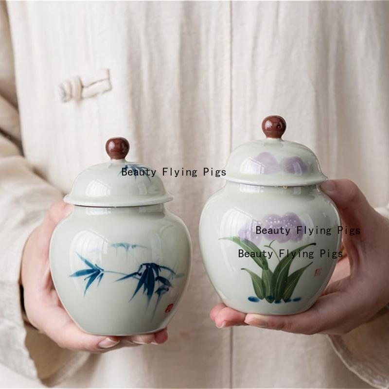 1pc Ceramic Tea Storage Jar Chinese Moisture-proof Sealed Jar Tea Box with Lid Hand Drawn Storage Container Household Items