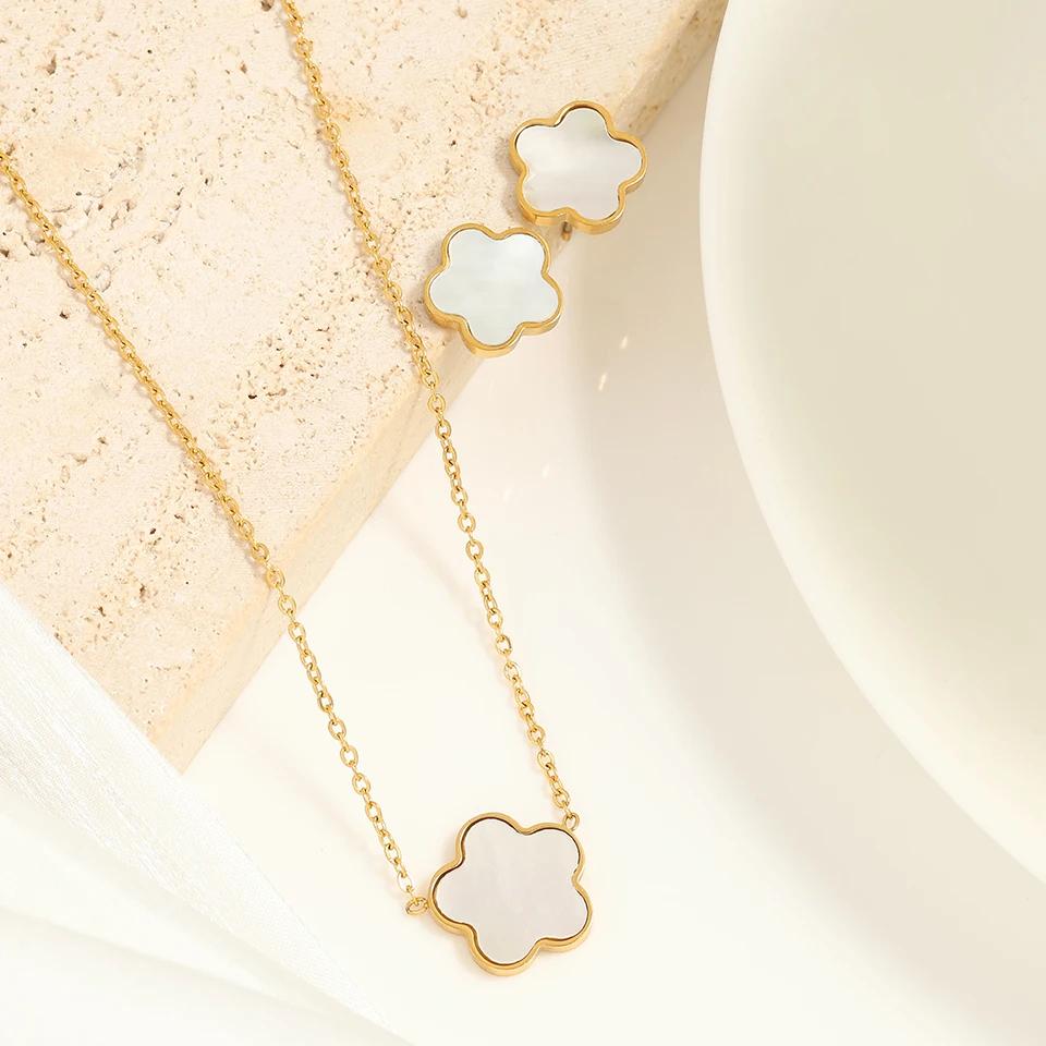 Women Shell Flower Necklace Stud Earring Set Women Black White Color Pendant Earring 2 Pcs Zircon Set Fashion Style Daily Wear