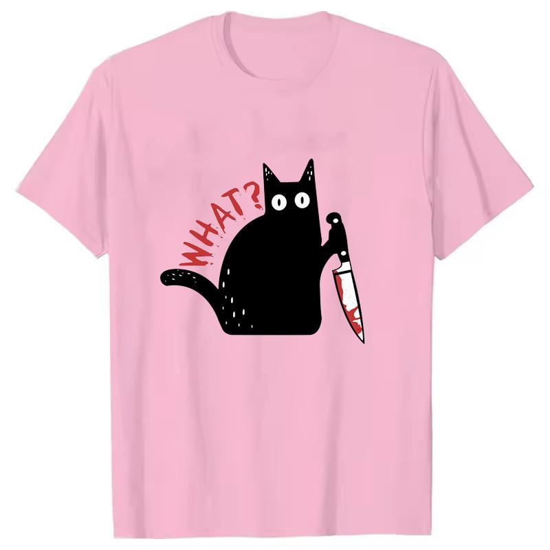 Black Cat with a Knife Rinted Tshirts Unisex Women Unisex Casual Loose Round Neck Creative Personalized Tshirts WHAT Pattern Top