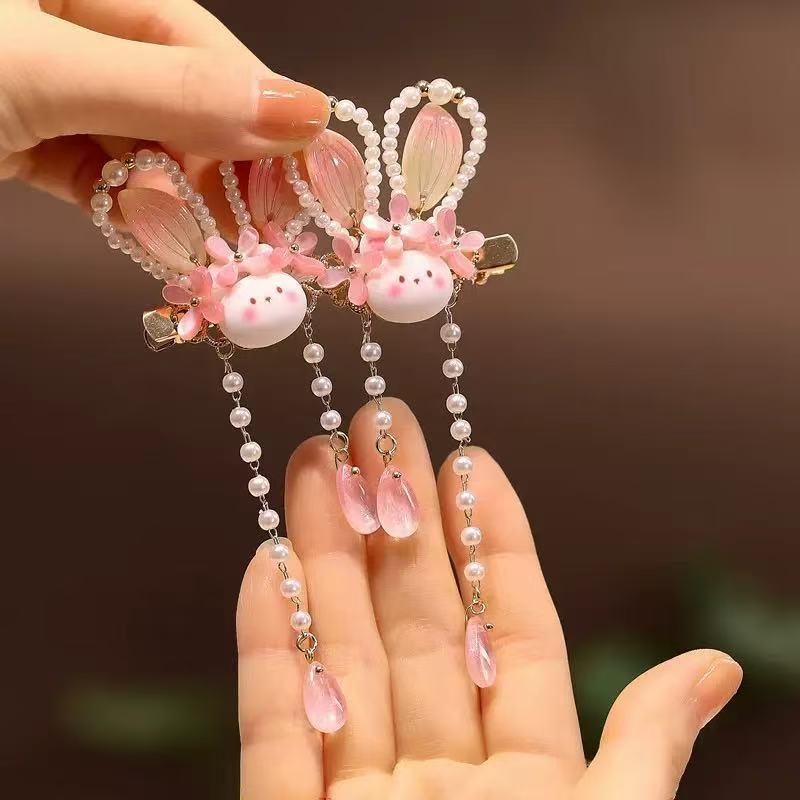 Beaded Pearl Rabbit Ears Tassel Hair Clip – Traditional Chinese Style for Kids