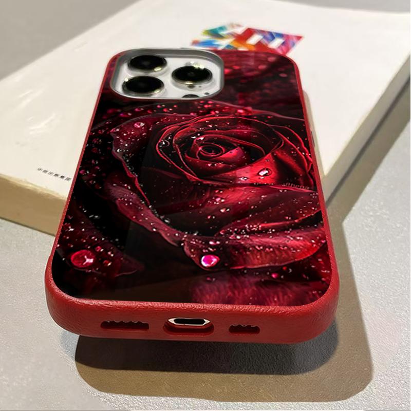 Elegante Rote Rose Regentropfen Muster Weiche Handyhülle für iPhone 17 16 Pro Max 16E 15 14 13 12 11 XS XR 7 8 Plus 1 Air Mattes Cover