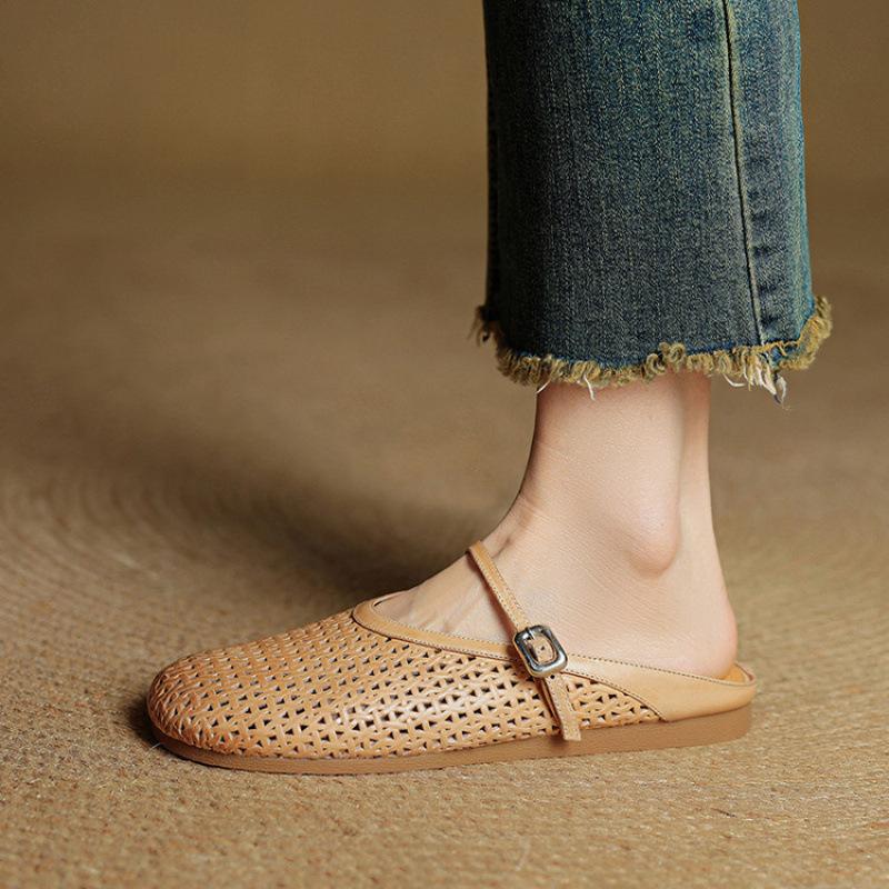 Summer Women's Baotou Slippers Casual Solid Color Flat-bottomed Slippers Women's Genuine Leather Beef Tendon Soft Bottom Cool Slippers New Foot Cover