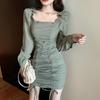 Temperament Dress Women's Spring New Korean Version of Sexy Pleated Shoulder Skirt Slim and Thin Short Skirt Tide