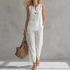 New Solid Linen V-neck Sleeveless Top + Wide Leg Pants Two-piece Set, Casual Outfit for Women European American Crossbody Fashion