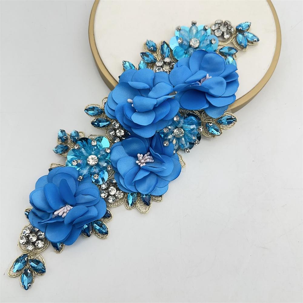 1PCS Handmade 3d sew on applique embroidery rhinestone flower patch for wedding dress