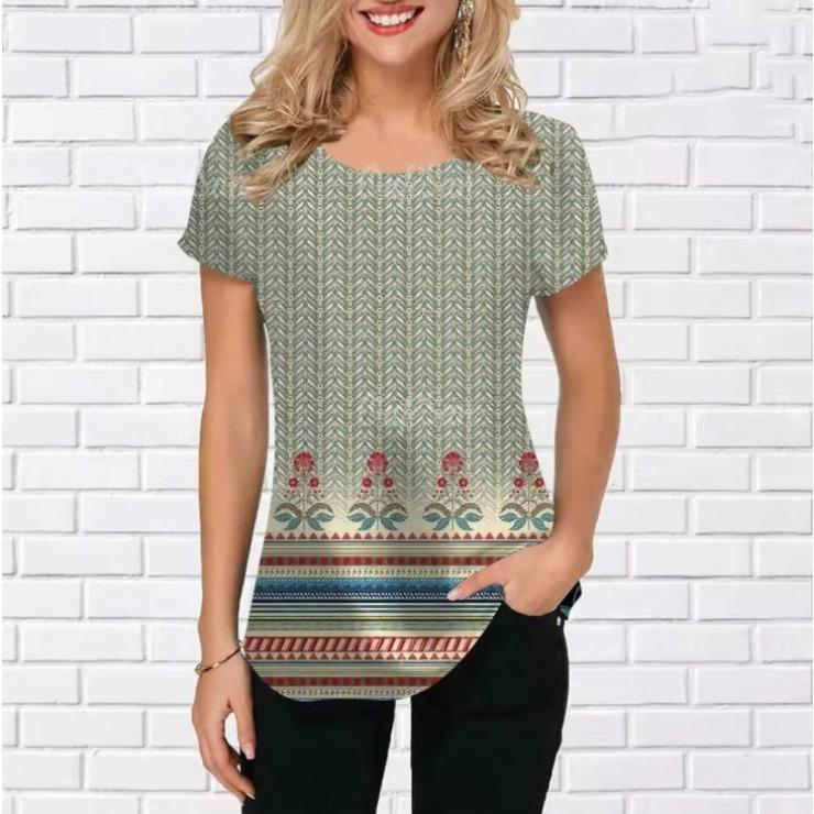 Summer Round Neck 3D Retro Floral pattern Print Top Fashionable Casual Short Sleeved Women's T-shirts