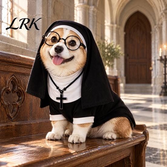 Vicces macska Halloween jelmez Apácakolostor jelmez, Cosplay ruházat kalappal, szemüveggel és nyaklánccal, Kisállat puha kényelmes jelmez macskák és kistestű kutyák számára, Party