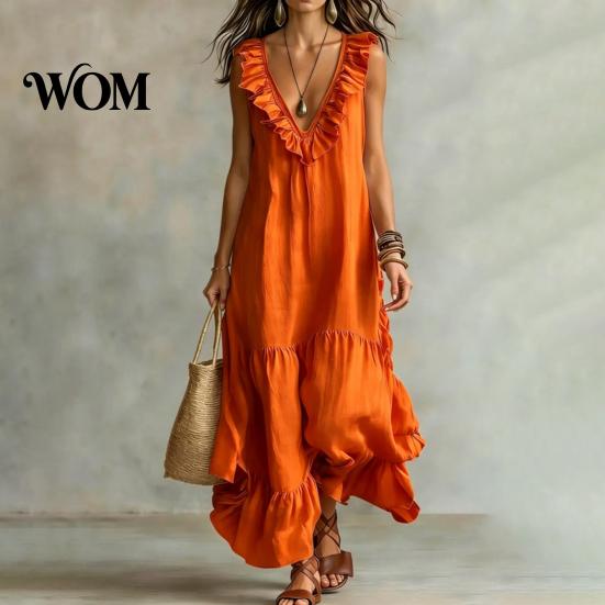Mid-length Loose Dress Women's Deep V Neck Ruffle Trim Maxi Dress, Sleeveless Fit Flowy Beach Sundress, Summer Casual Tiered A-line Long Women
