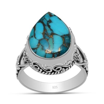 10X15 Mm Natural Blue Copper Turquoise 925 Sterling Silver Pear Shape Ring For Women & Girls