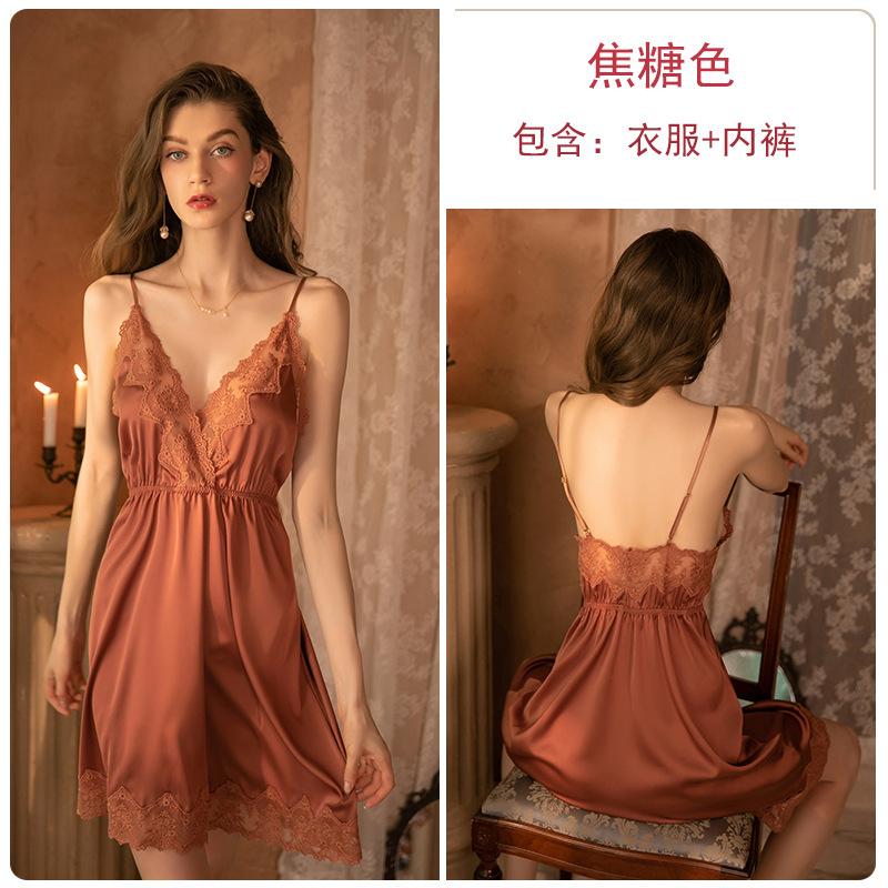 Bridal Morning Gown Sexy Satin Lace Suspender Nightdress Women's Long-sleeved Lace-up Nightgown Loungewear Set
