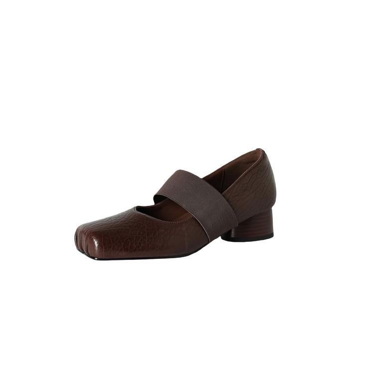 French square head shallow mouth leather single shoes women's 2025 autumn elastic band medium heel thick heel soft sheepskin Mary Jane shoes women