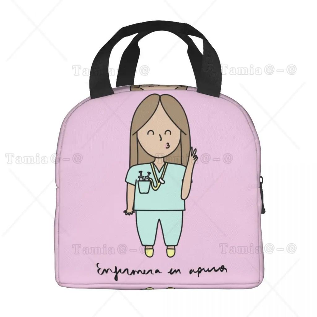 Cartoon Ladies Nurse Printed Lunch Bag for Women No Paro De Doblar Enfermera En Apuros Insulated Cooler Oxford Food Tote Bags
