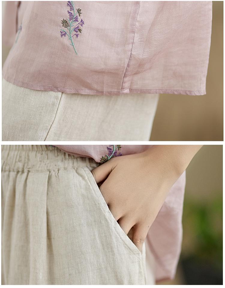 Women's V-Neck Cotton & Linen Embroidered Shirt with 5-Point Sleeves - New Chinese Style, Loose Fit, Versatile for Summer.